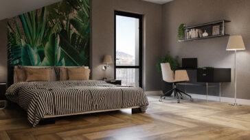 Nowoczesna sypialnia z drewnianą podłogą Pradyż Trophy