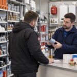 Pracownik hurtowni hydraulicznej doradzający klientowi przy wyborze materiałów