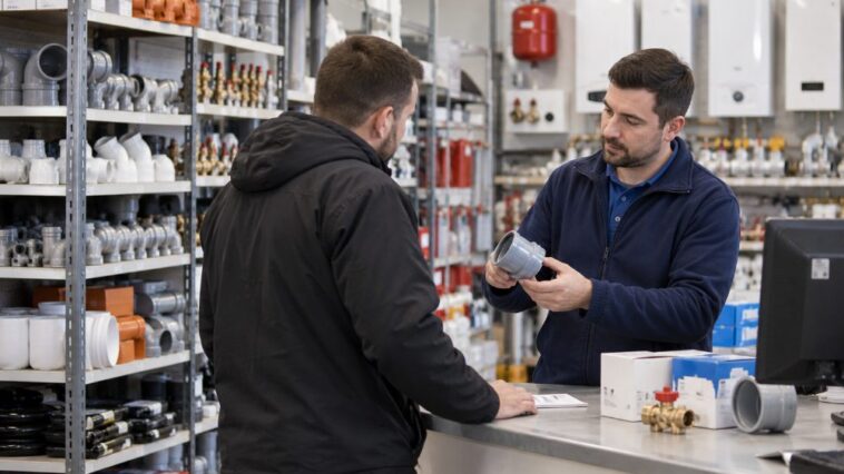 Pracownik hurtowni hydraulicznej doradzający klientowi przy wyborze materiałów
