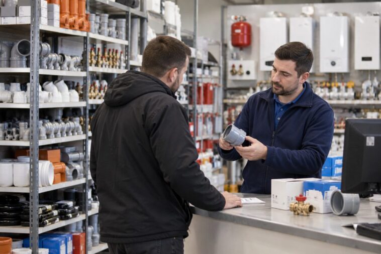 Pracownik hurtowni hydraulicznej doradzający klientowi przy wyborze materiałów