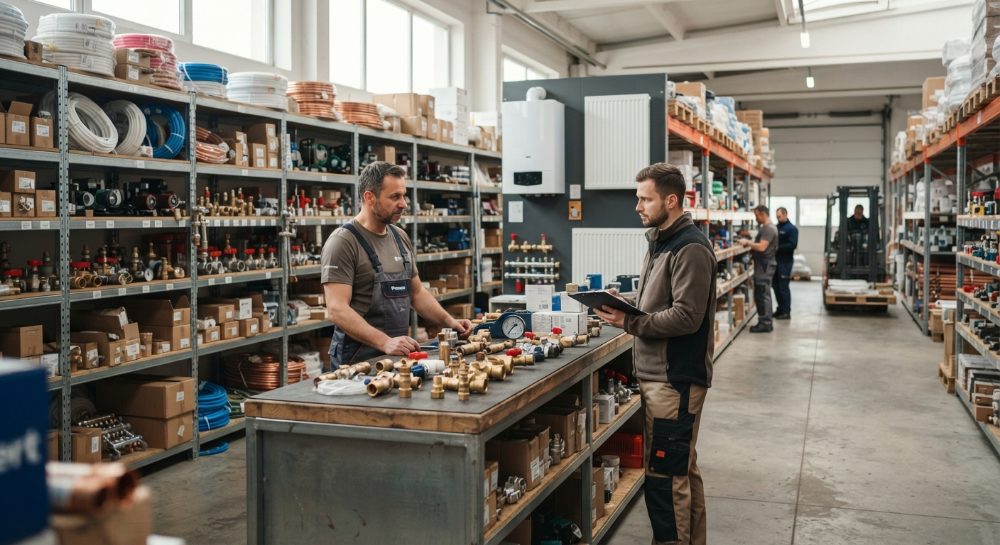 Klient wybierający materiały do instalacji w specjalistycznej hurtowni