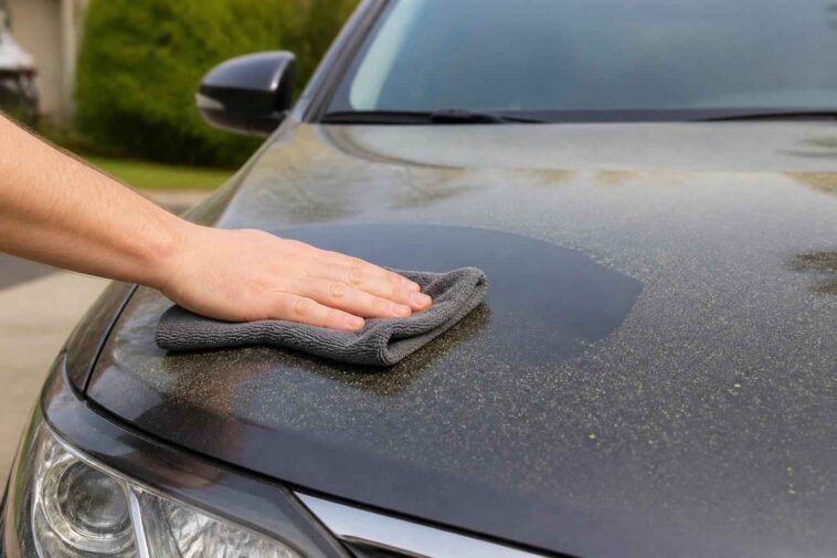 Dłoń przeciera zakurzoną maskę samochodu szarą ściereczką microfiber.